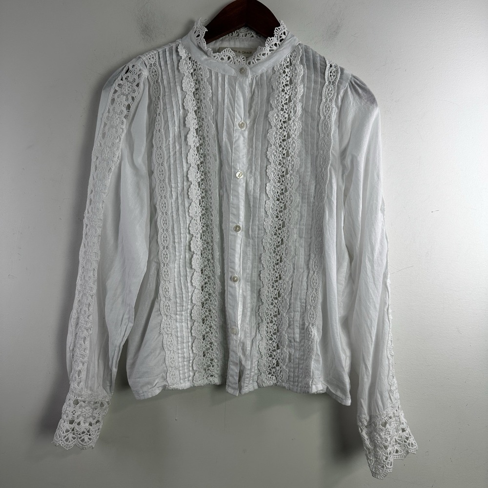 Jennifer & Grace White Floral Lace Pintuck Size S Button Up Romantic Victorian